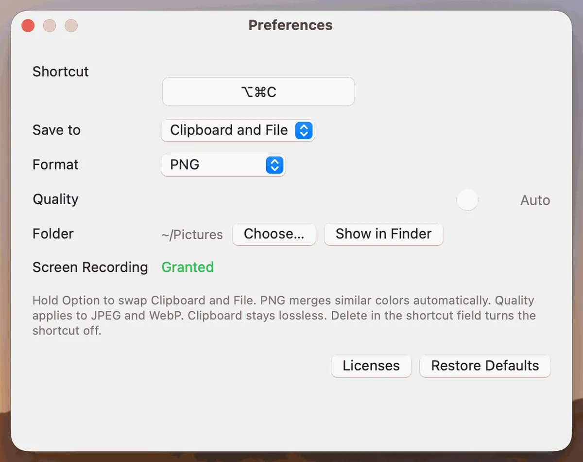 Simple Snip preferences for shortcut, save location, and Screen Recording
